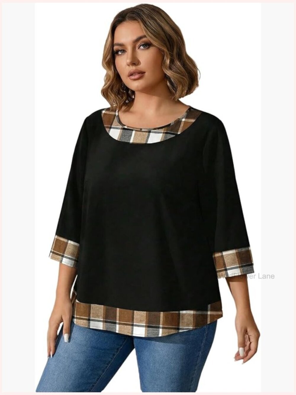 Plus Size Plaid 3/4 Sleeve Blouse Dressy Casual Crew Neck 2 in 1 Tops